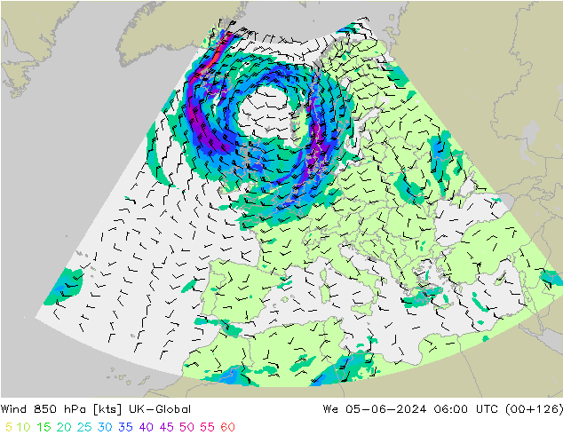 Rüzgar 850 hPa UK-Global Çar 05.06.2024 06 UTC