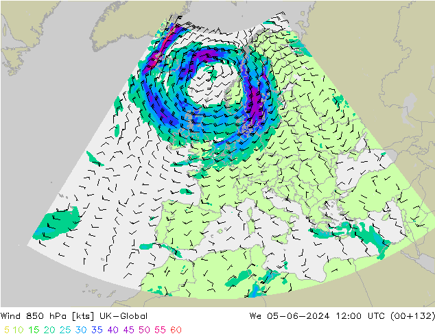 wiatr 850 hPa UK-Global śro. 05.06.2024 12 UTC