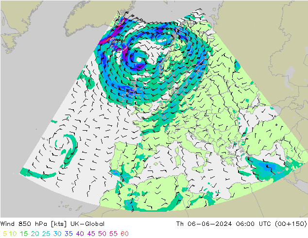Wind 850 hPa UK-Global do 06.06.2024 06 UTC