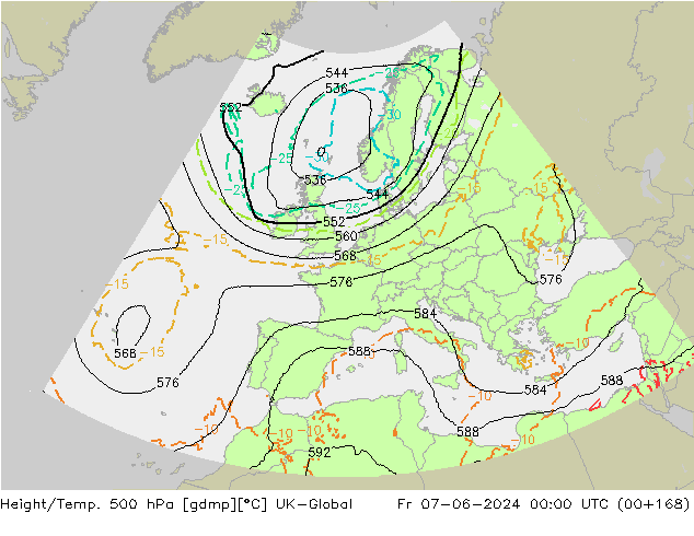 Height/Temp. 500 hPa UK-Global ven 07.06.2024 00 UTC