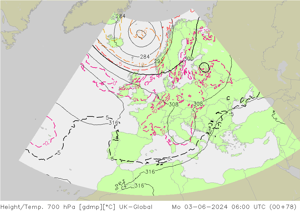 Height/Temp. 700 hPa UK-Global Mo 03.06.2024 06 UTC