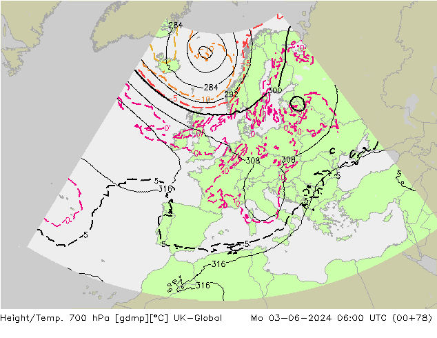 Height/Temp. 700 hPa UK-Global Mo 03.06.2024 06 UTC