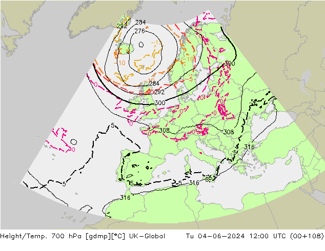 Height/Temp. 700 hPa UK-Global wto. 04.06.2024 12 UTC
