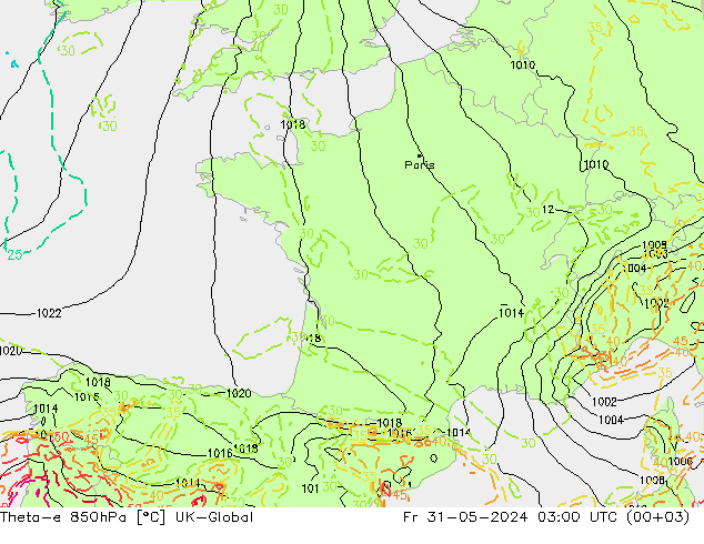 Theta-e 850hPa UK-Global Pá 31.05.2024 03 UTC