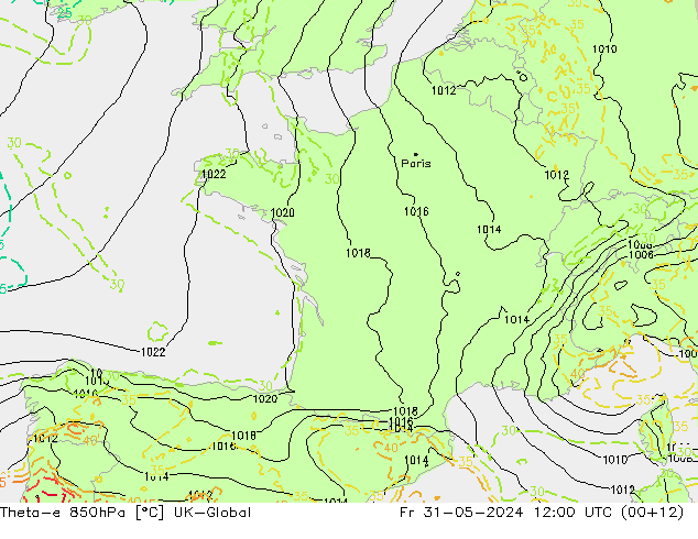 Theta-e 850hPa UK-Global Fr 31.05.2024 12 UTC