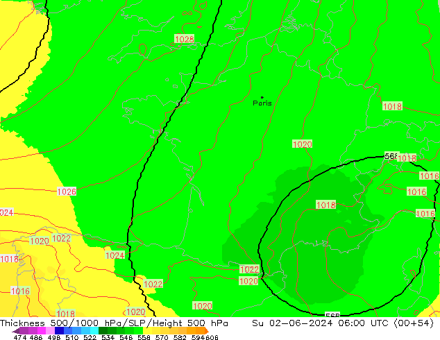 Thck 500-1000hPa UK-Global Su 02.06.2024 06 UTC