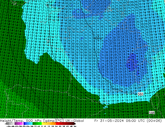 Height/Temp. 500 hPa UK-Global  31.05.2024 06 UTC