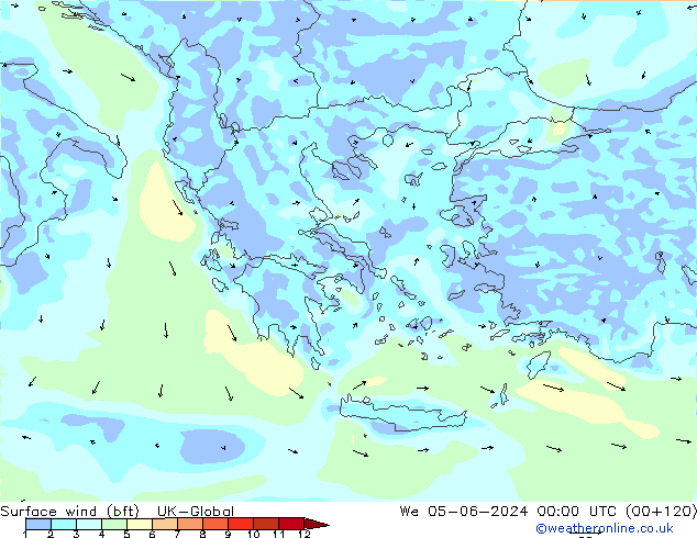 Wind 10 m (bft) UK-Global wo 05.06.2024 00 UTC