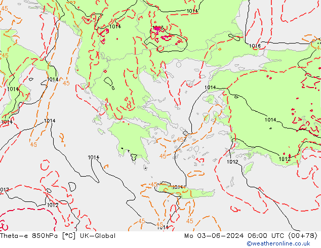 Theta-e 850hPa UK-Global Mo 03.06.2024 06 UTC