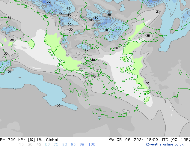 Humidité rel. 700 hPa UK-Global mer 05.06.2024 18 UTC
