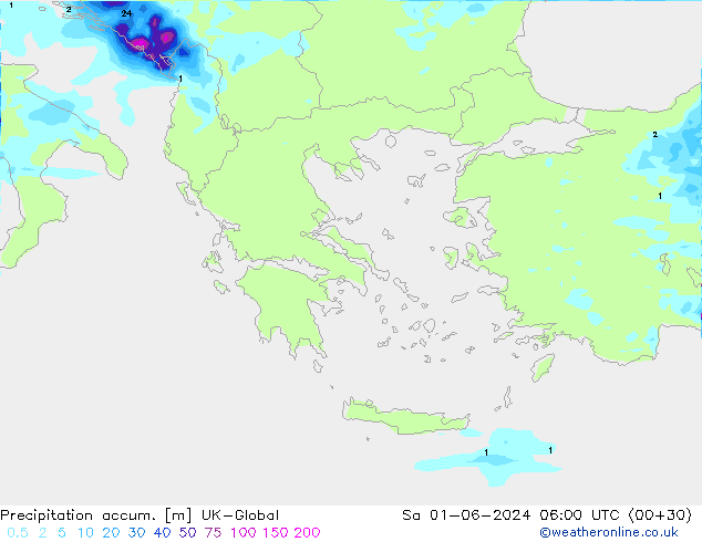 Precipitation accum. UK-Global Sáb 01.06.2024 06 UTC