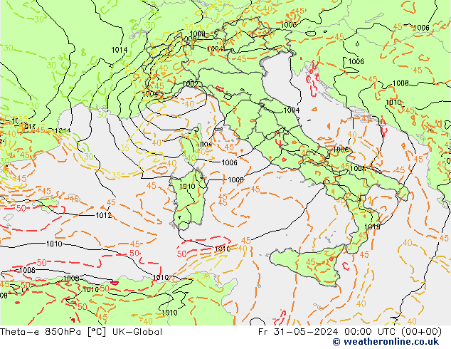 Theta-e 850hPa UK-Global vie 31.05.2024 00 UTC