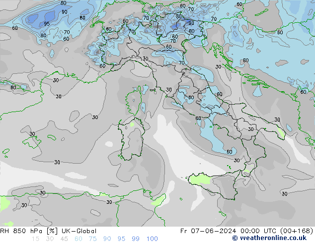 Humidité rel. 850 hPa UK-Global ven 07.06.2024 00 UTC