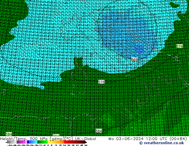 Yükseklik/Sıc. 500 hPa UK-Global Pzt 03.06.2024 12 UTC