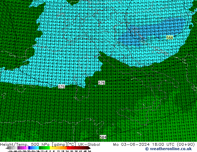 Height/Temp. 500 hPa UK-Global Mo 03.06.2024 18 UTC