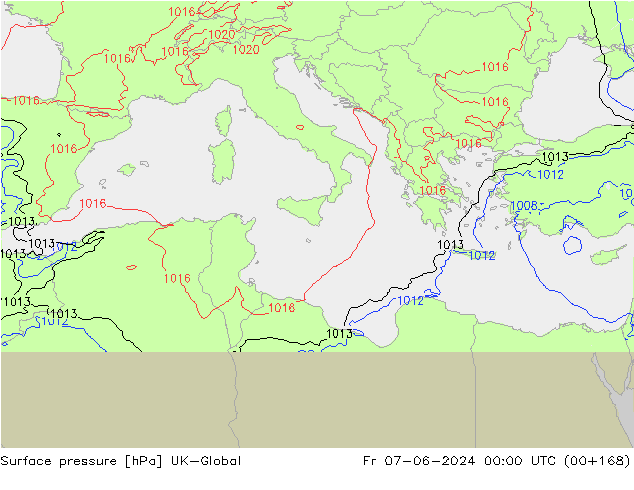 Pressione al suolo UK-Global ven 07.06.2024 00 UTC