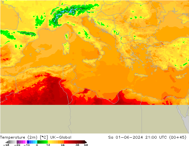 Temperaturkarte (2m) UK-Global Sa 01.06.2024 21 UTC