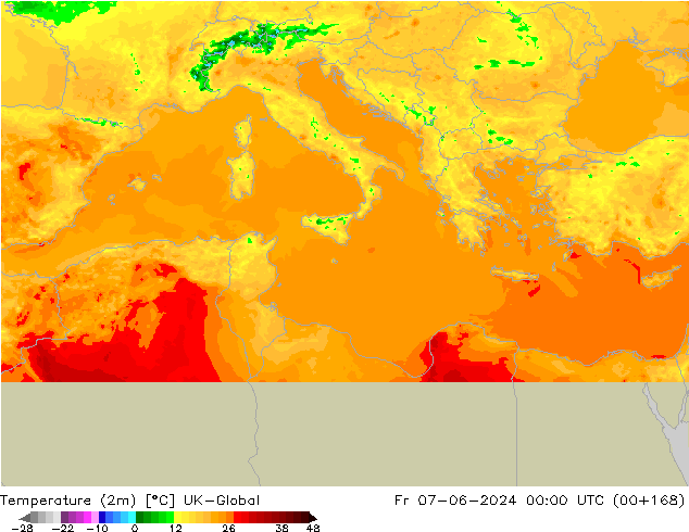 Temperature (2m) UK-Global Pá 07.06.2024 00 UTC