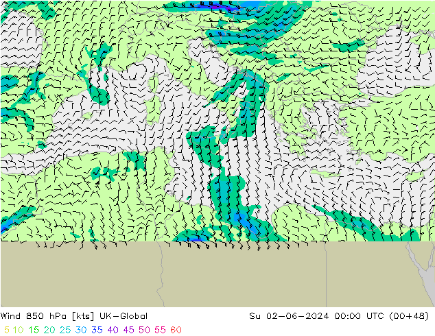 Wind 850 hPa UK-Global Su 02.06.2024 00 UTC