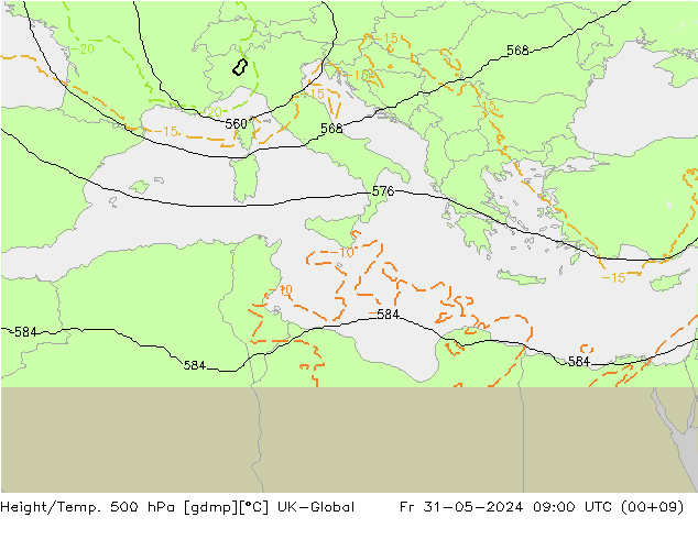 Géop./Temp. 500 hPa UK-Global ven 31.05.2024 09 UTC