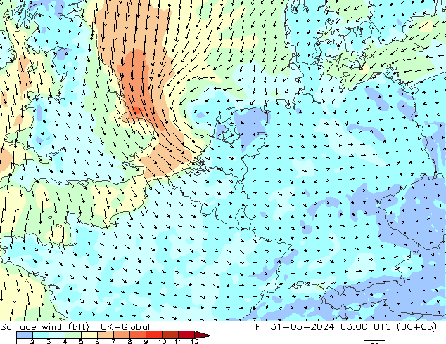 wiatr 10 m (bft) UK-Global pt. 31.05.2024 03 UTC