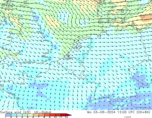 Vento 10 m (bft) UK-Global Seg 03.06.2024 12 UTC