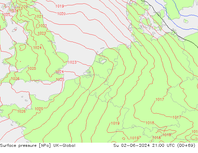 Pressione al suolo UK-Global dom 02.06.2024 21 UTC