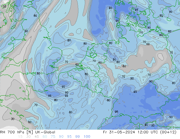 RH 700 hPa UK-Global Fr 31.05.2024 12 UTC