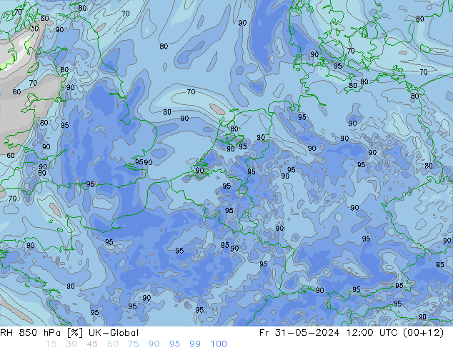 Humidité rel. 850 hPa UK-Global ven 31.05.2024 12 UTC