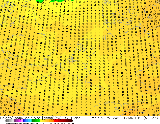 Height/Temp. 850 hPa UK-Global Seg 03.06.2024 12 UTC