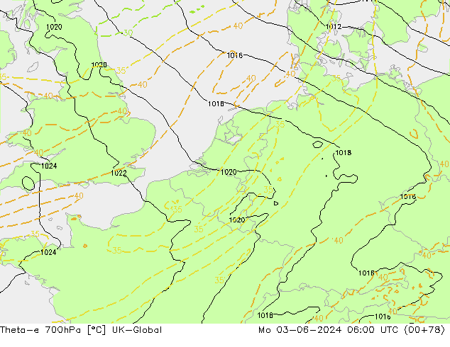 Theta-e 700hPa UK-Global pon. 03.06.2024 06 UTC