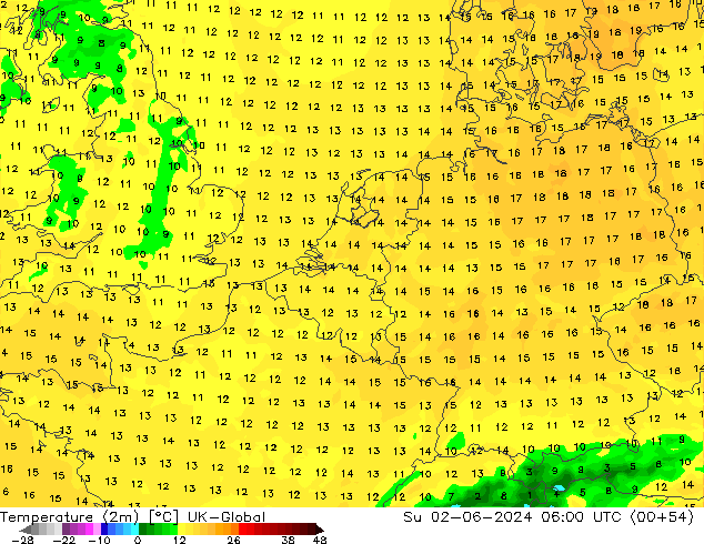 Sıcaklık Haritası (2m) UK-Global Paz 02.06.2024 06 UTC