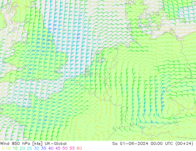 Vento 850 hPa UK-Global Sáb 01.06.2024 00 UTC