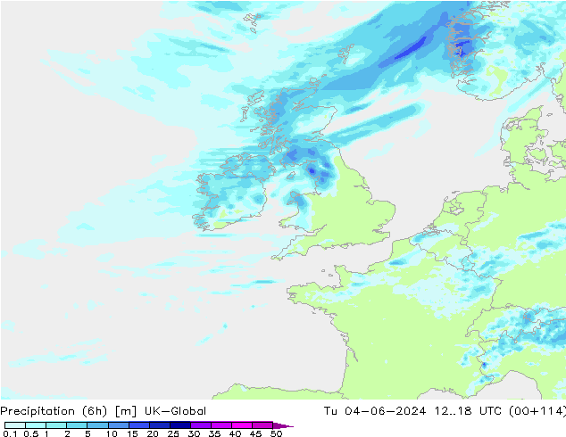 Precipitation (6h) UK-Global Tu 04.06.2024 18 UTC