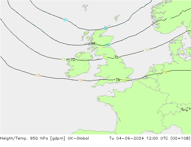 Height/Temp. 950 hPa UK-Global Tu 04.06.2024 12 UTC