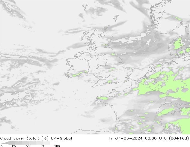 Cloud cover (total) UK-Global Pá 07.06.2024 00 UTC