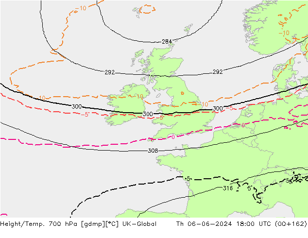 Geop./Temp. 700 hPa UK-Global jue 06.06.2024 18 UTC