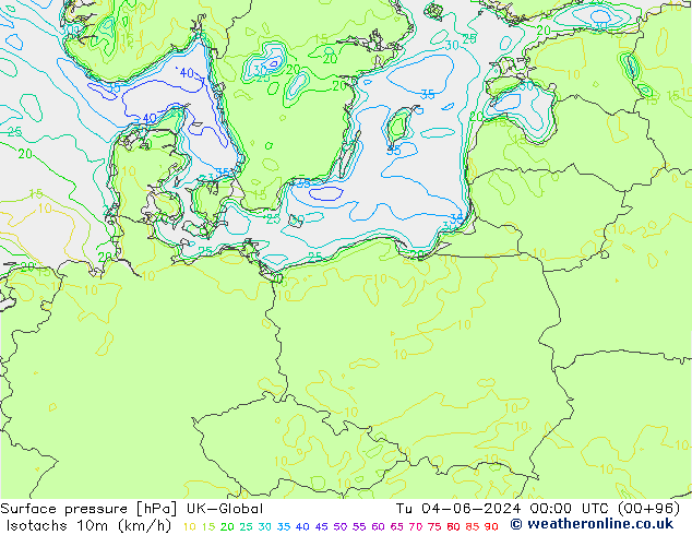 Isotachs (kph) UK-Global Út 04.06.2024 00 UTC