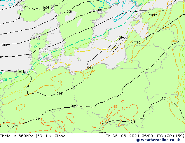 Theta-e 850hPa UK-Global czw. 06.06.2024 06 UTC