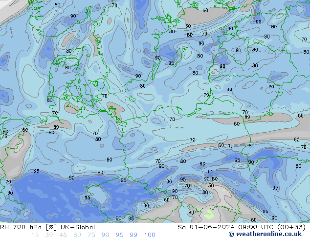 RH 700 hPa UK-Global Sáb 01.06.2024 09 UTC