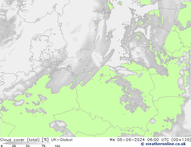 Bewolking (Totaal) UK-Global wo 05.06.2024 06 UTC