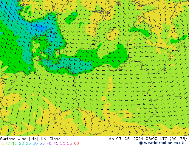 Surface wind UK-Global Mo 03.06.2024 06 UTC