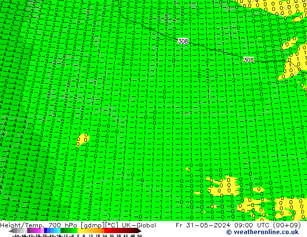 Height/Temp. 700 hPa UK-Global Sex 31.05.2024 09 UTC