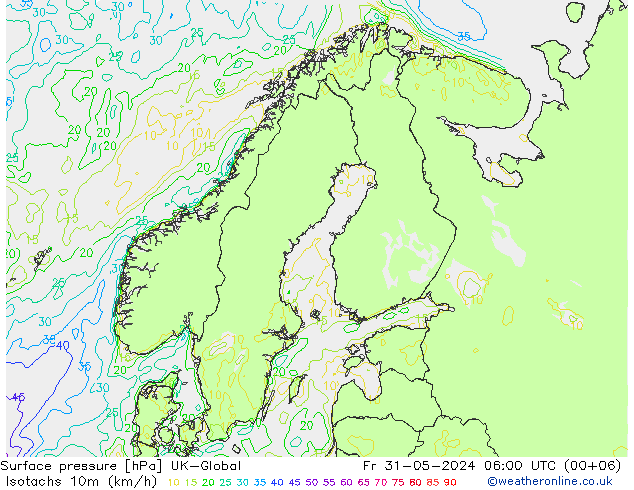 Isotachen (km/h) UK-Global Fr 31.05.2024 06 UTC