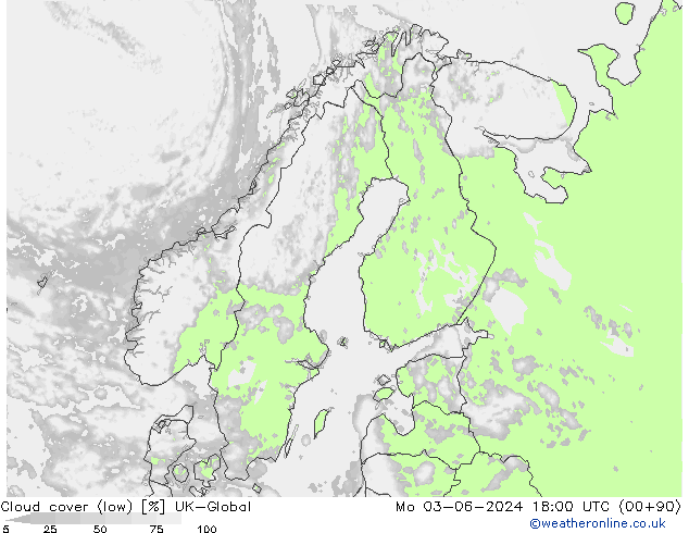 Cloud cover (low) UK-Global Mo 03.06.2024 18 UTC