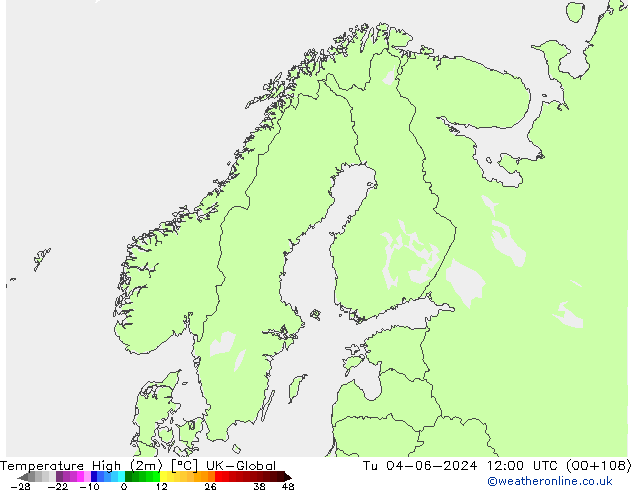 Temperature High (2m) UK-Global Tu 04.06.2024 12 UTC