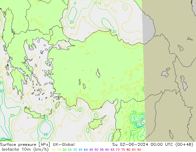 Isotachen (km/h) UK-Global zo 02.06.2024 00 UTC