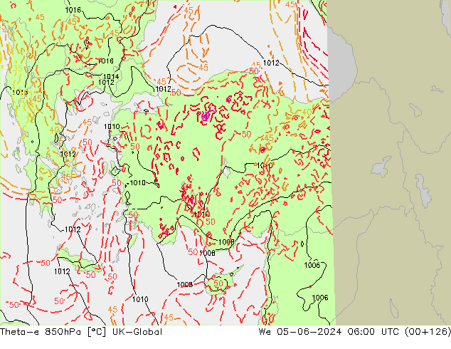 Theta-e 850hPa UK-Global śro. 05.06.2024 06 UTC