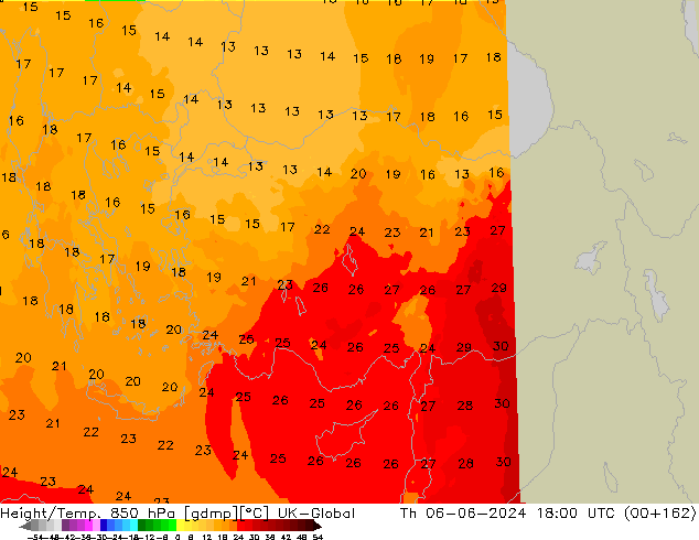 Geop./Temp. 850 hPa UK-Global jue 06.06.2024 18 UTC
