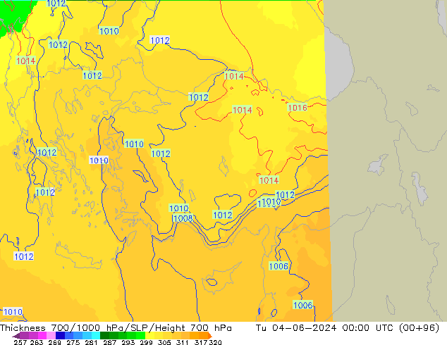 Thck 700-1000 hPa UK-Global  04.06.2024 00 UTC